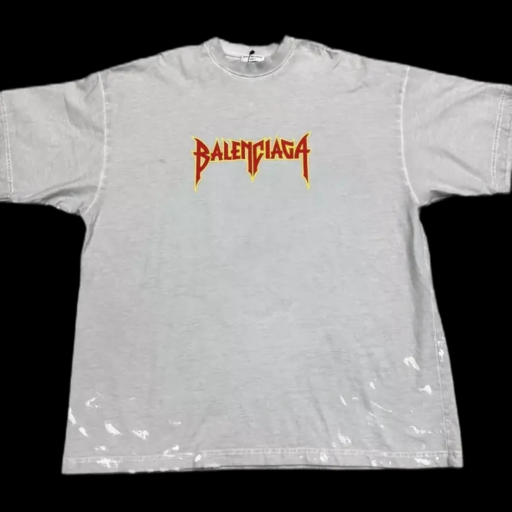 Balenciaga Light Gray T-Shirt with Red Logo